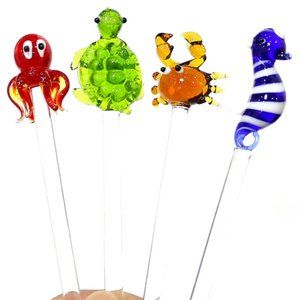 4pcs Handblown Glass Cocktail Swizzle Sticks~Octopus Turtle Sea Horse Crab